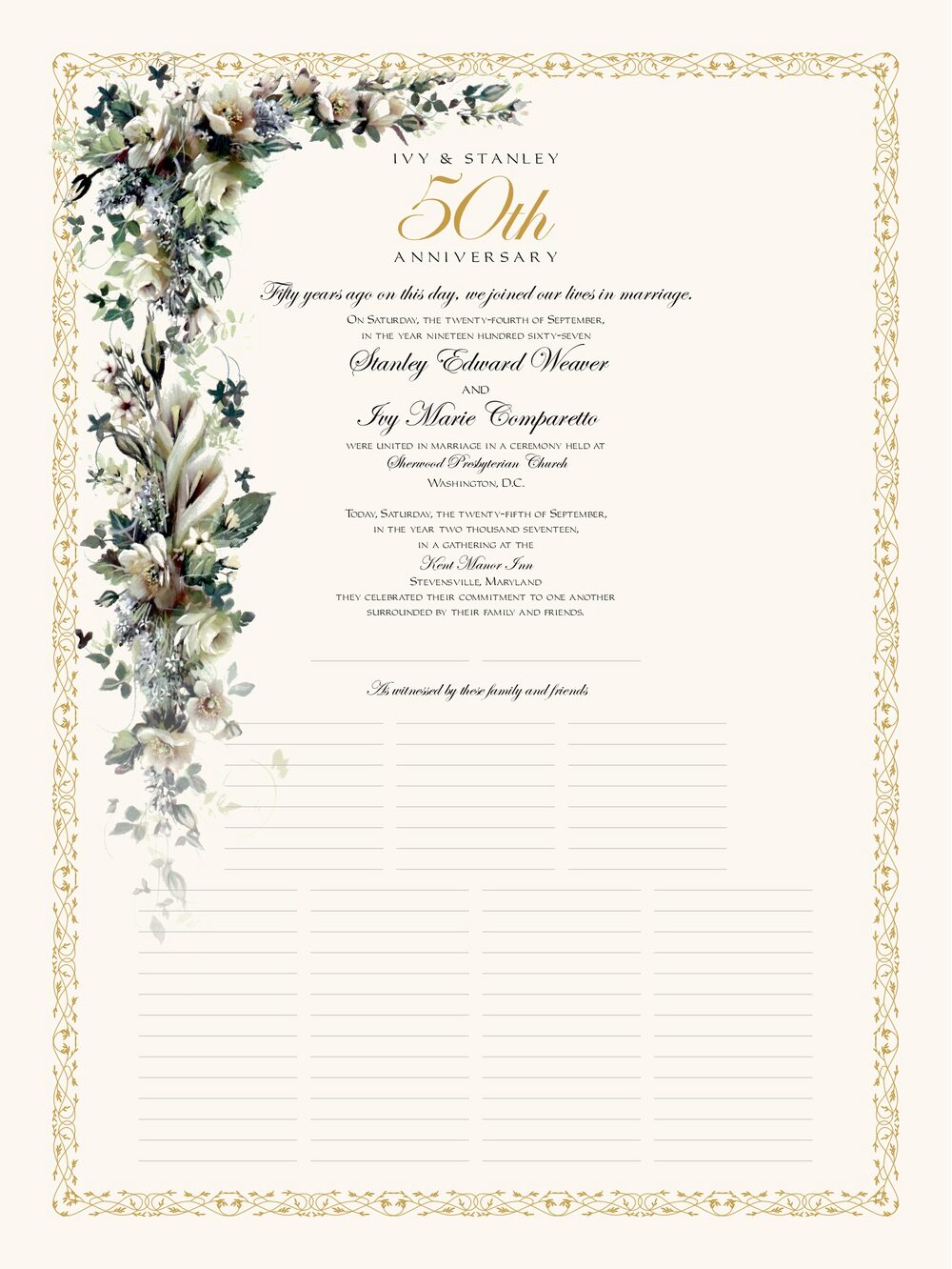 Calla Lilies and Gardenias Anniversary Certificates