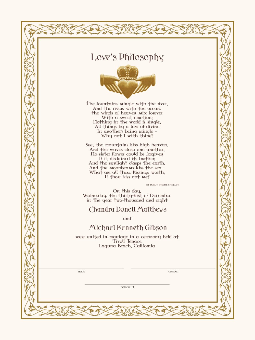 Love's Philosophy Celtic Wedding Certificates