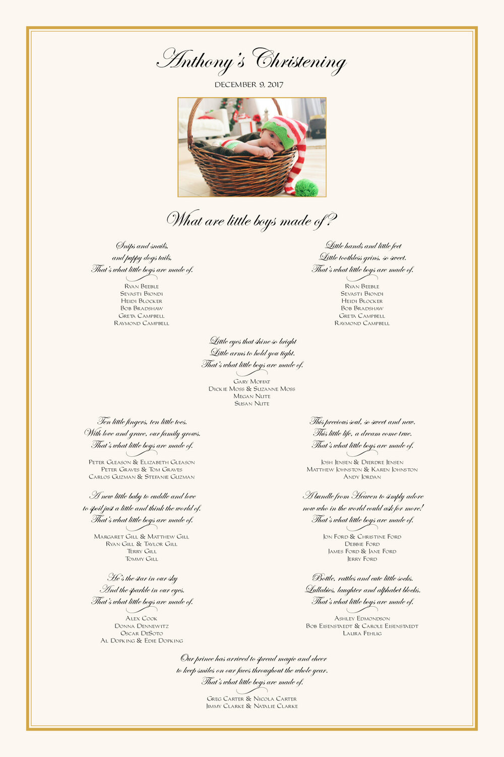 Christening Photo with Poems Seating Chart