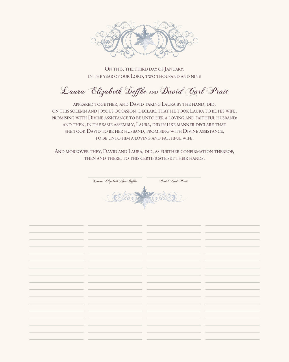 Curly Sue Snowflake Winter and Snowflake Wedding Certificates