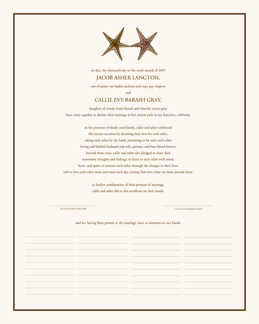 Dancing Starfish Beach and Seashell Wedding Certificates