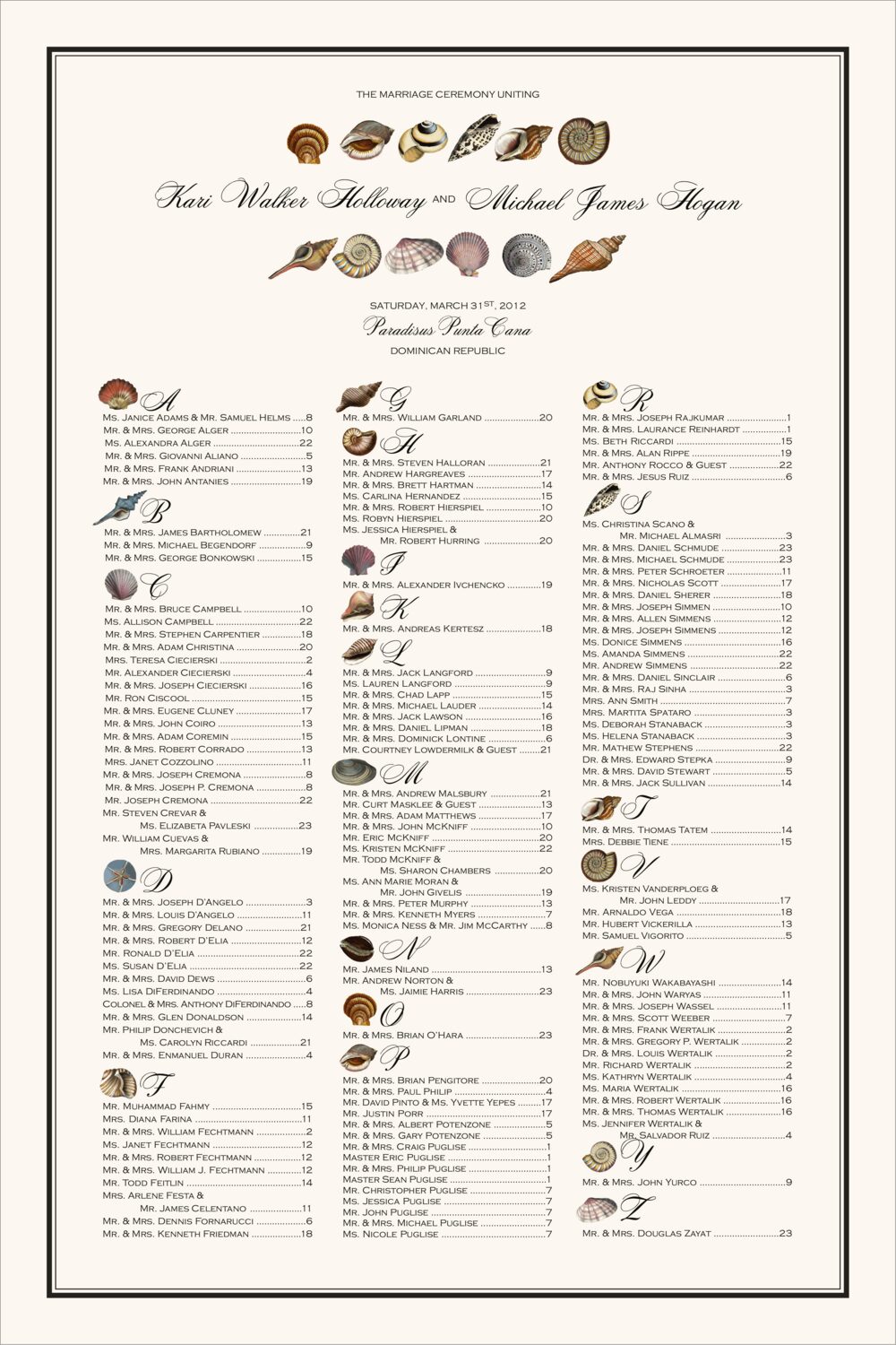 Seashell Collector Beach and Seashell Wedding Seating Charts