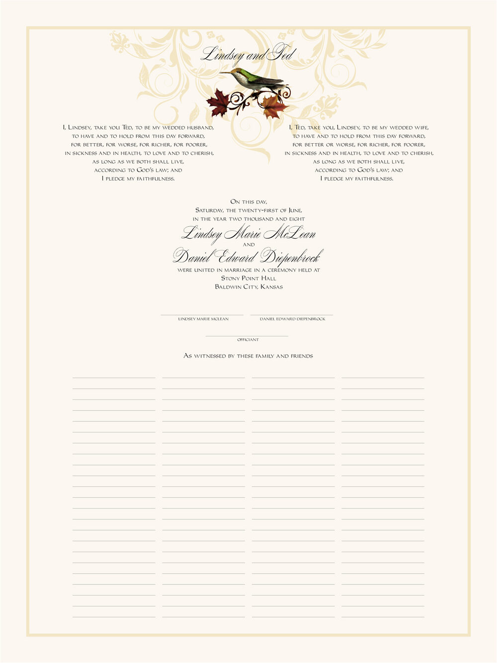 Fall Indy Flourish Autumn Leaves Wedding Certificates