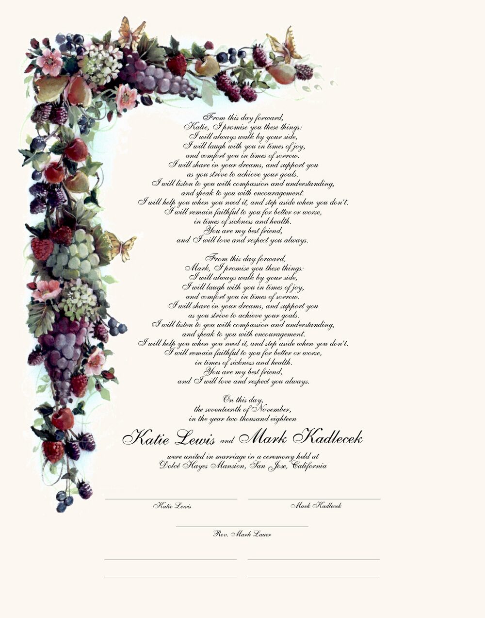 Fruit and Butterflies Grapes and Fruit Wedding Certificates