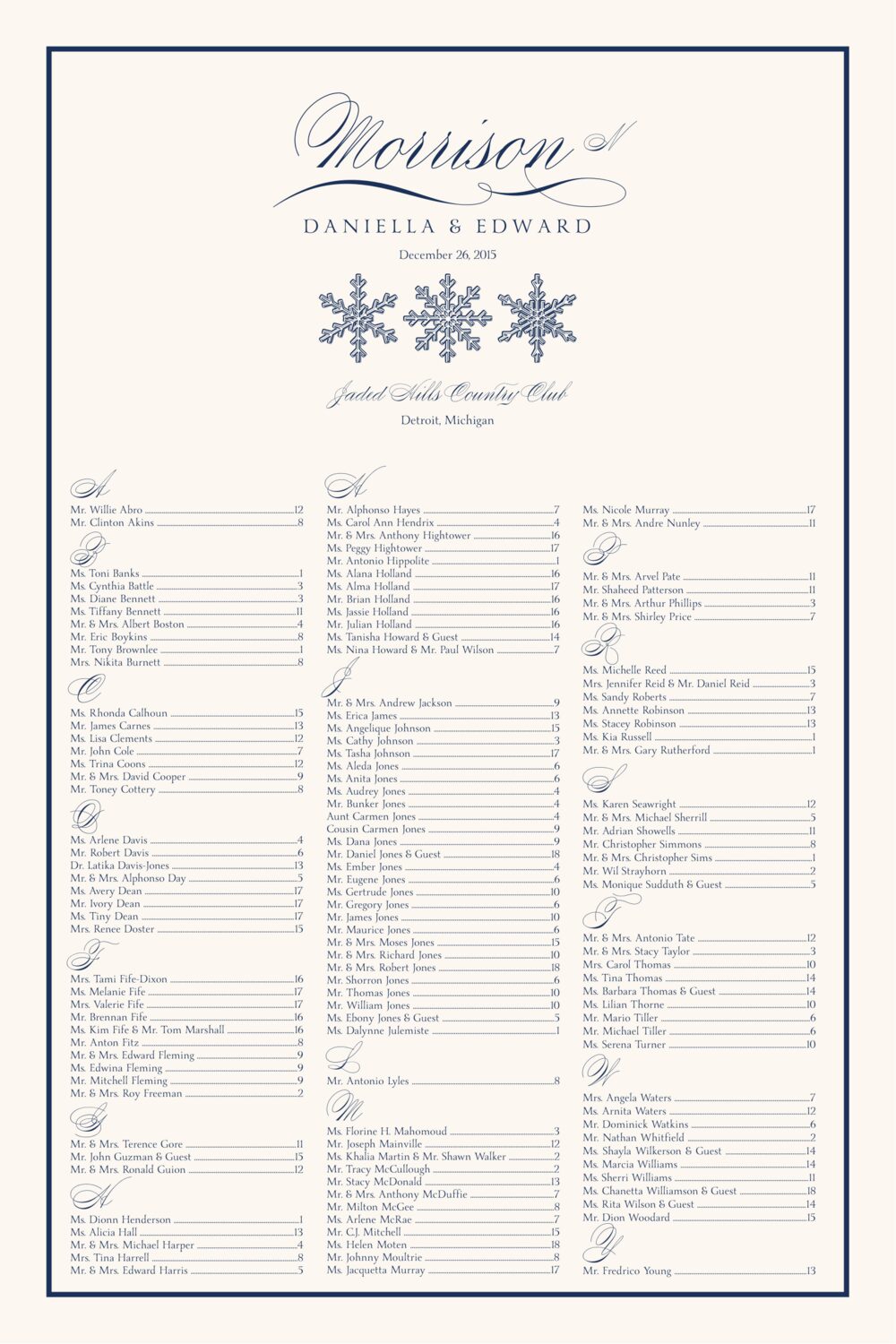 Snowflake Drawings Pattern Winter and Holiday Seating Charts