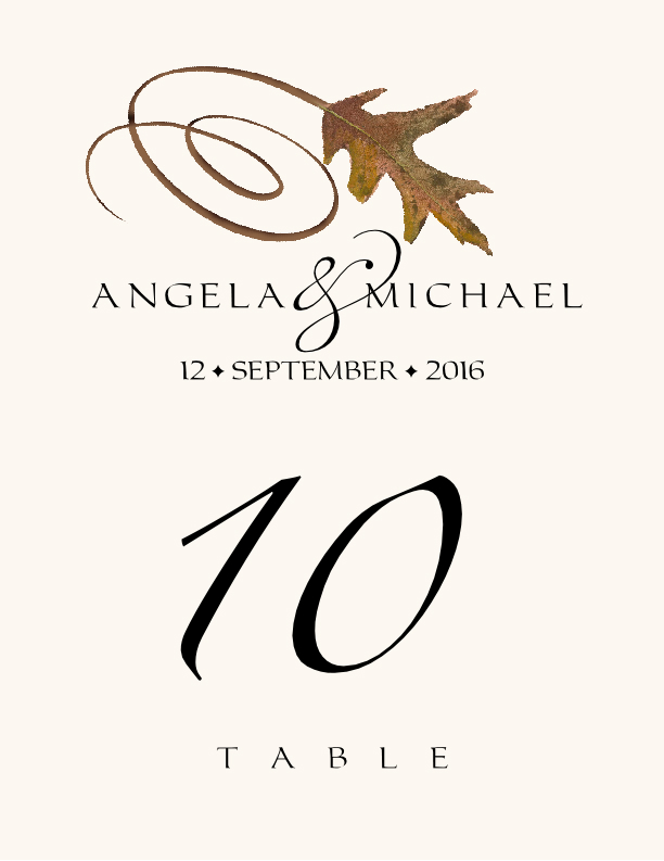 White Oak Swirly Leaf Autumn and Fall Leaves Table Numbers