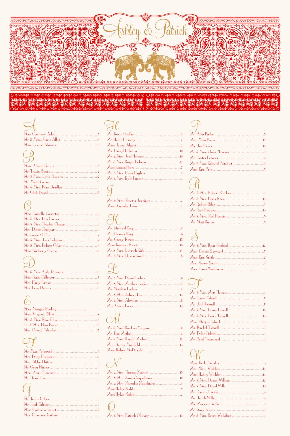 Paisley Bandana Elephants Indian Wedding Seating Charts