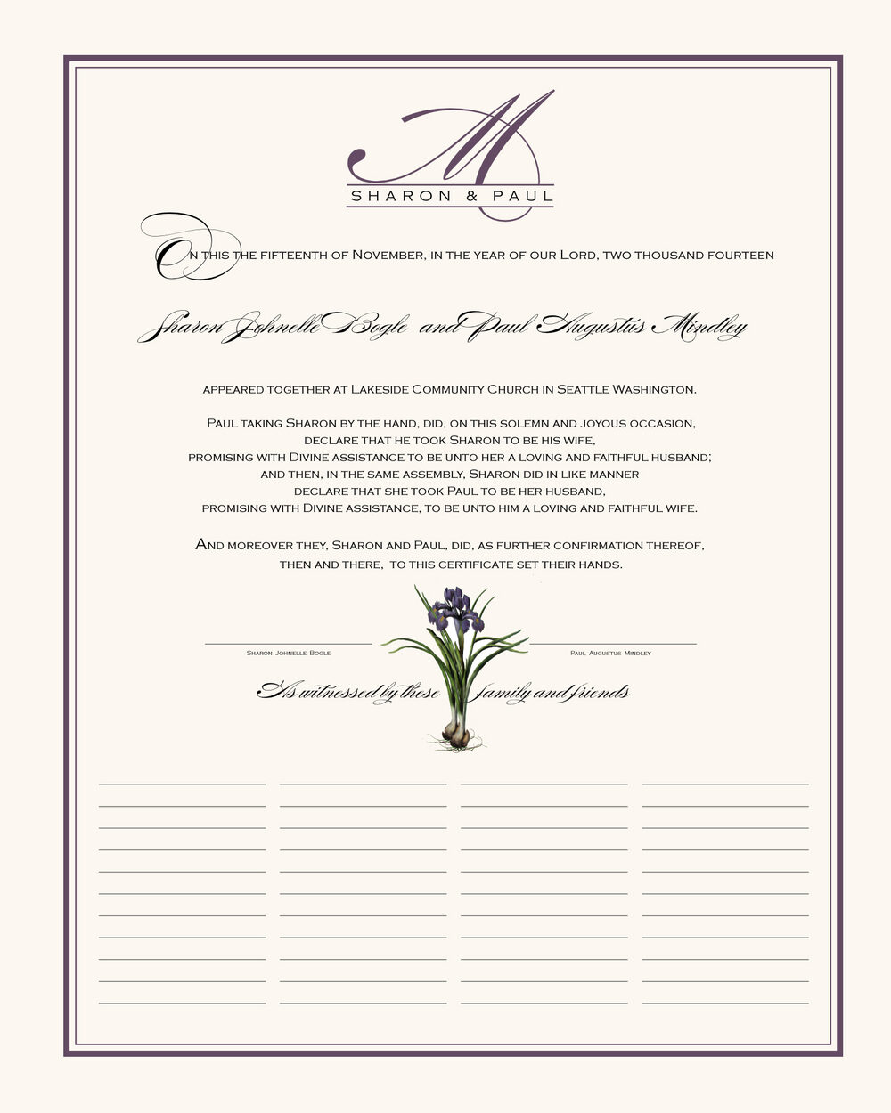 Iris Bulb Flower Wedding Certificates