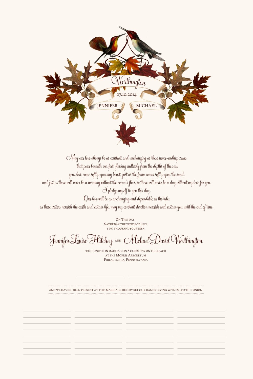 Autumn Leaf Banner Leaves, Flowers, Vineyard & Grapes Wedding Certificates