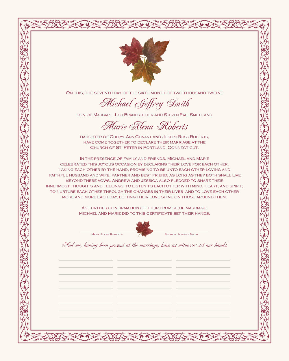 Tri Maple Leaf Pattern Autumn Leaves Wedding Certificates