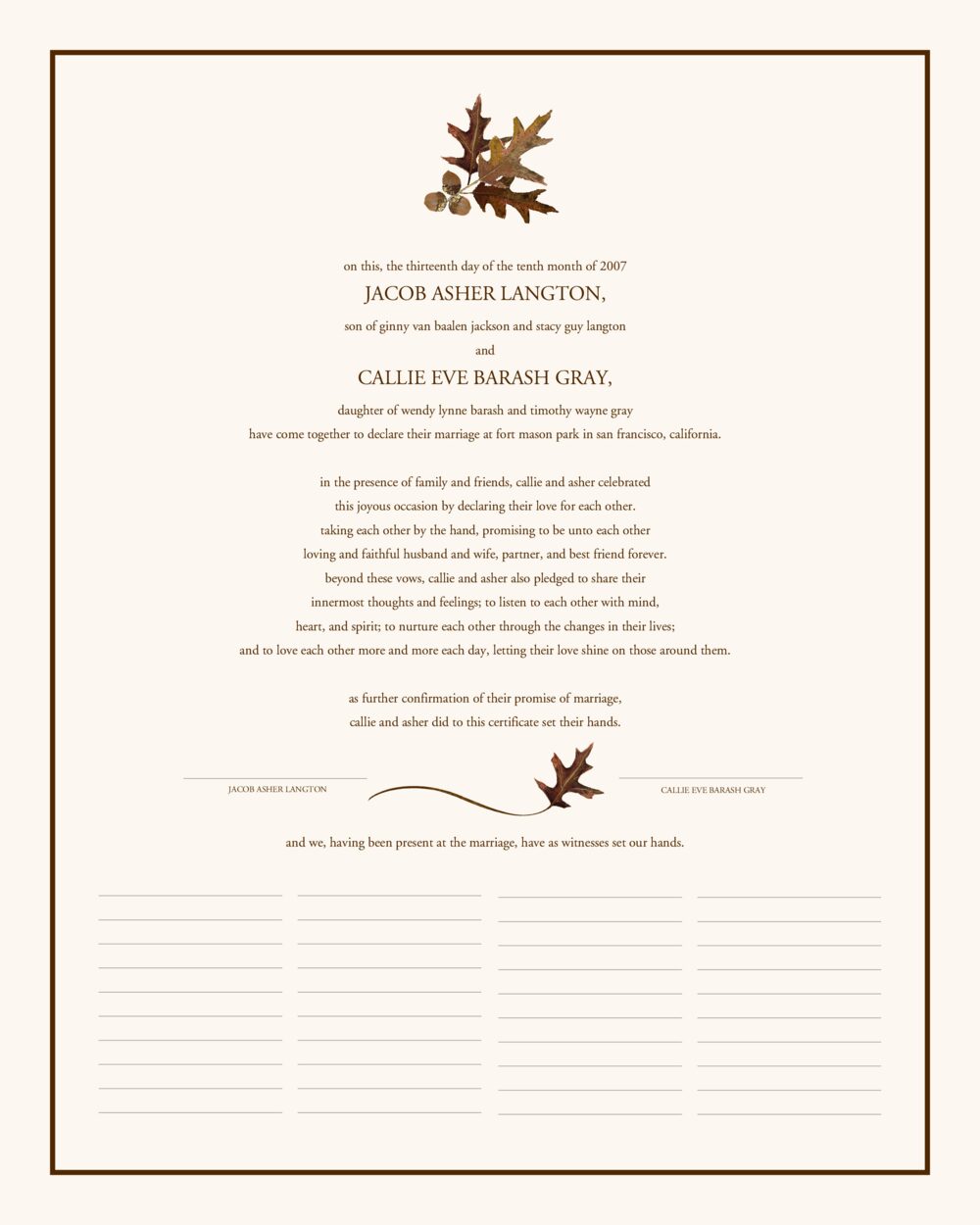 Oak and Acorn Autumn Leaves Wedding Certificates