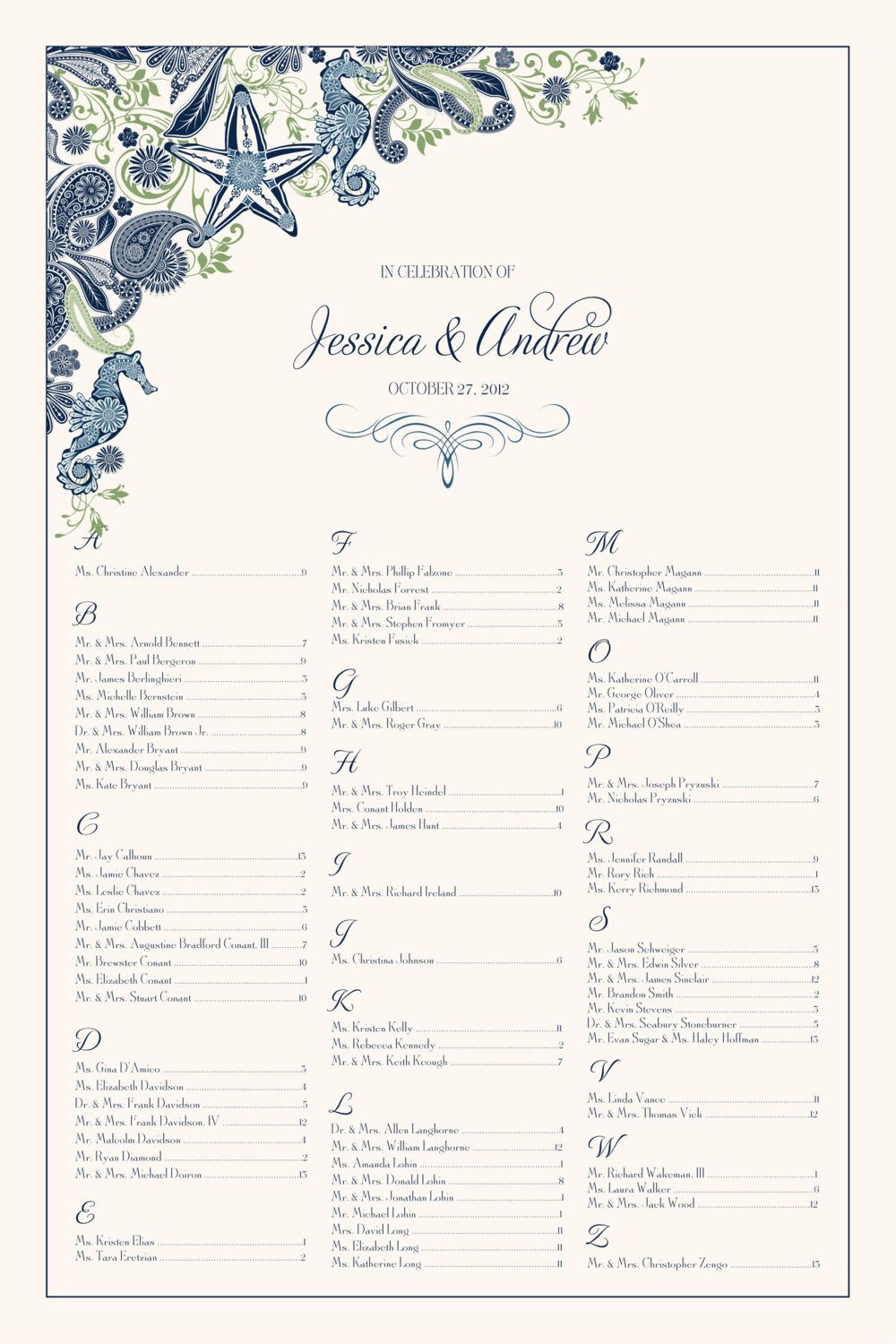 Paisley Ocean Beach and Seashell Wedding Seating Charts