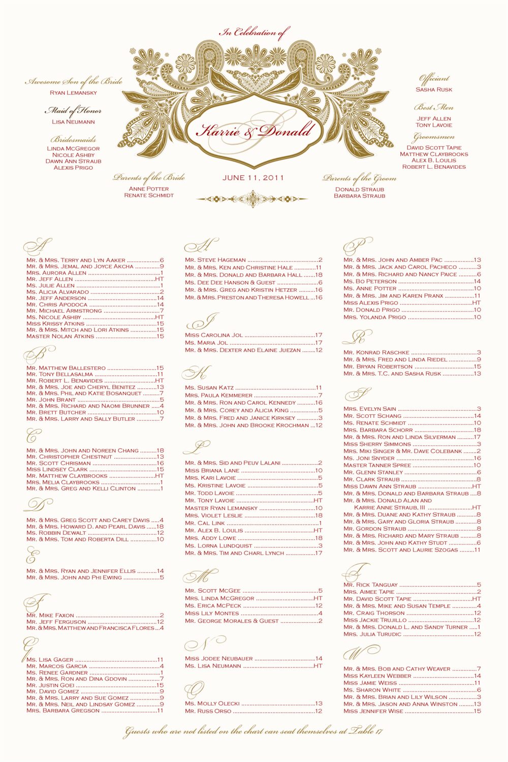 Paisley Swash Indian Wedding Seating Charts
