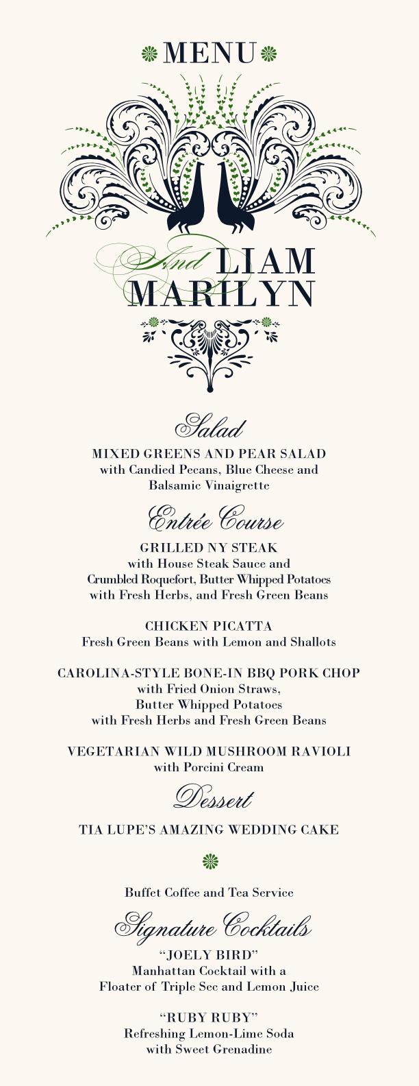 Passionate Peacock Birds and Butterflies Wedding Menus