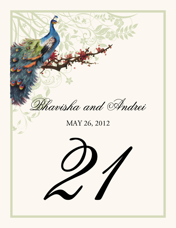 Peacock in a Plum Tree Flourish Birds and Butterflies Table Numbers