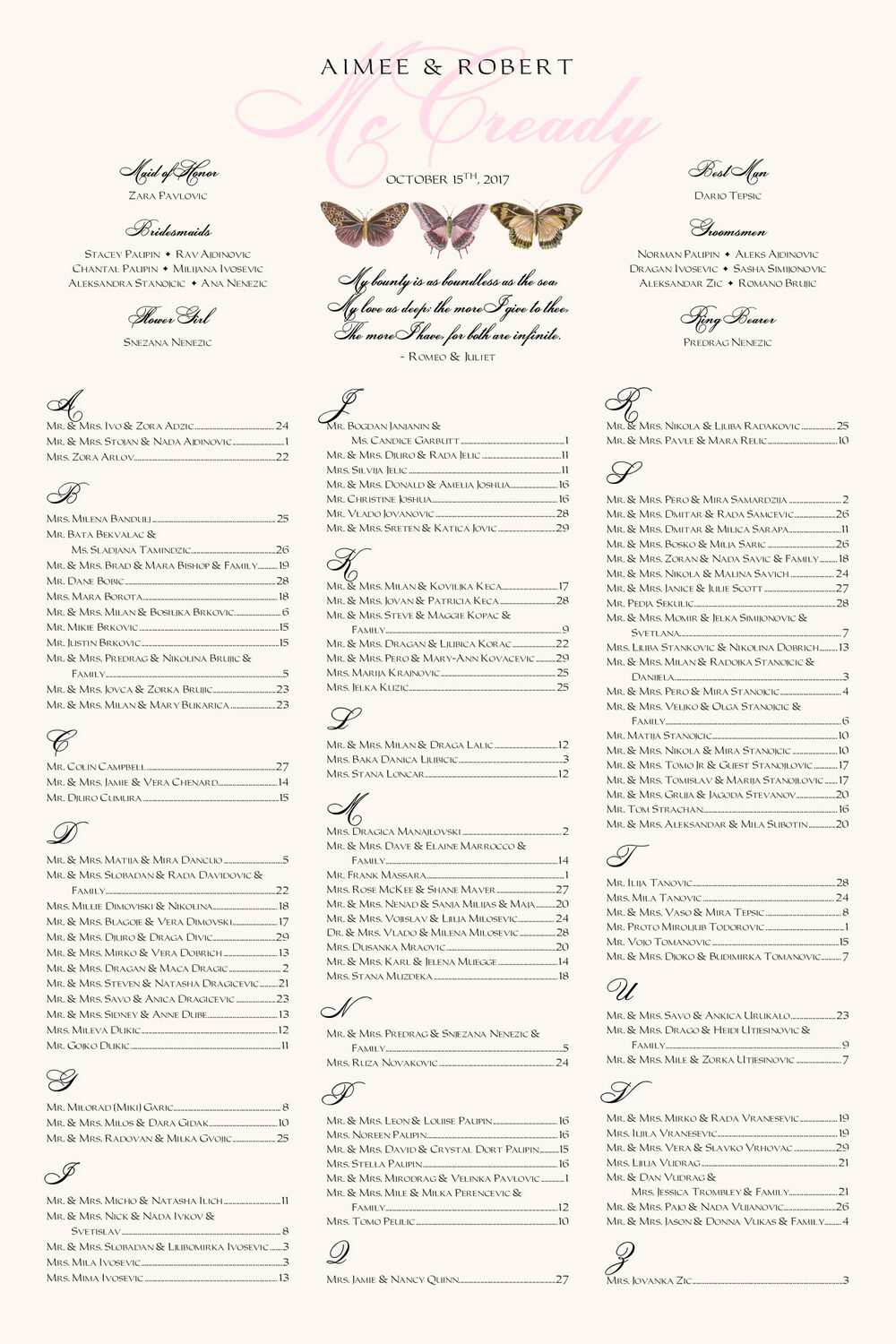 Pink Pattern Butterflies Birds and Butterflies Seating Charts