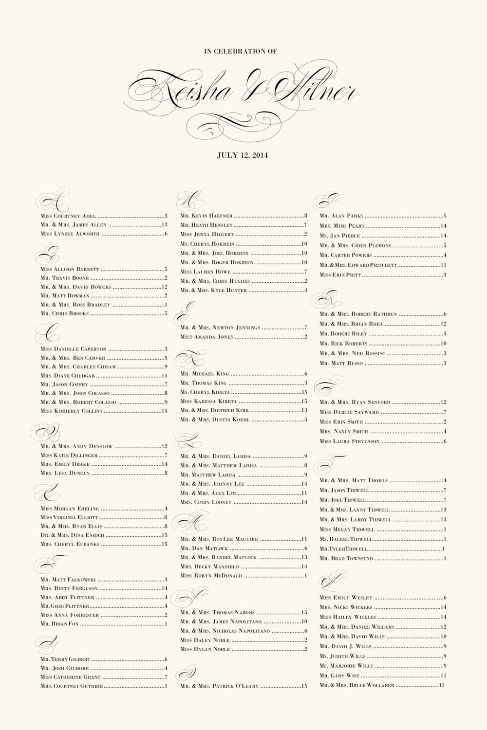Poem Script Monogram Contemporary and Classic Wedding Seating Charts