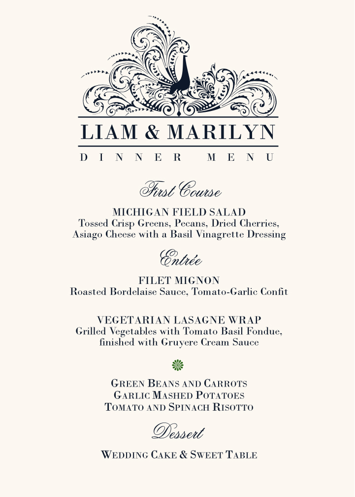 Pompous Peacock Birds and Butterflies Wedding Menus