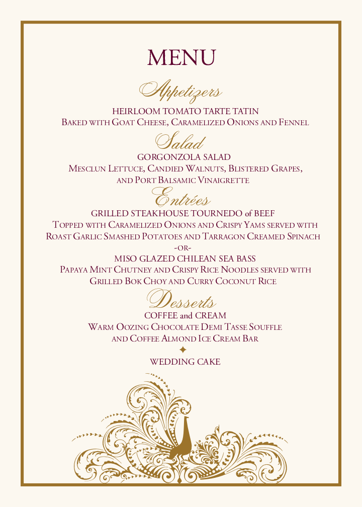 Pompous Peacock Birds and Butterflies Wedding Menus