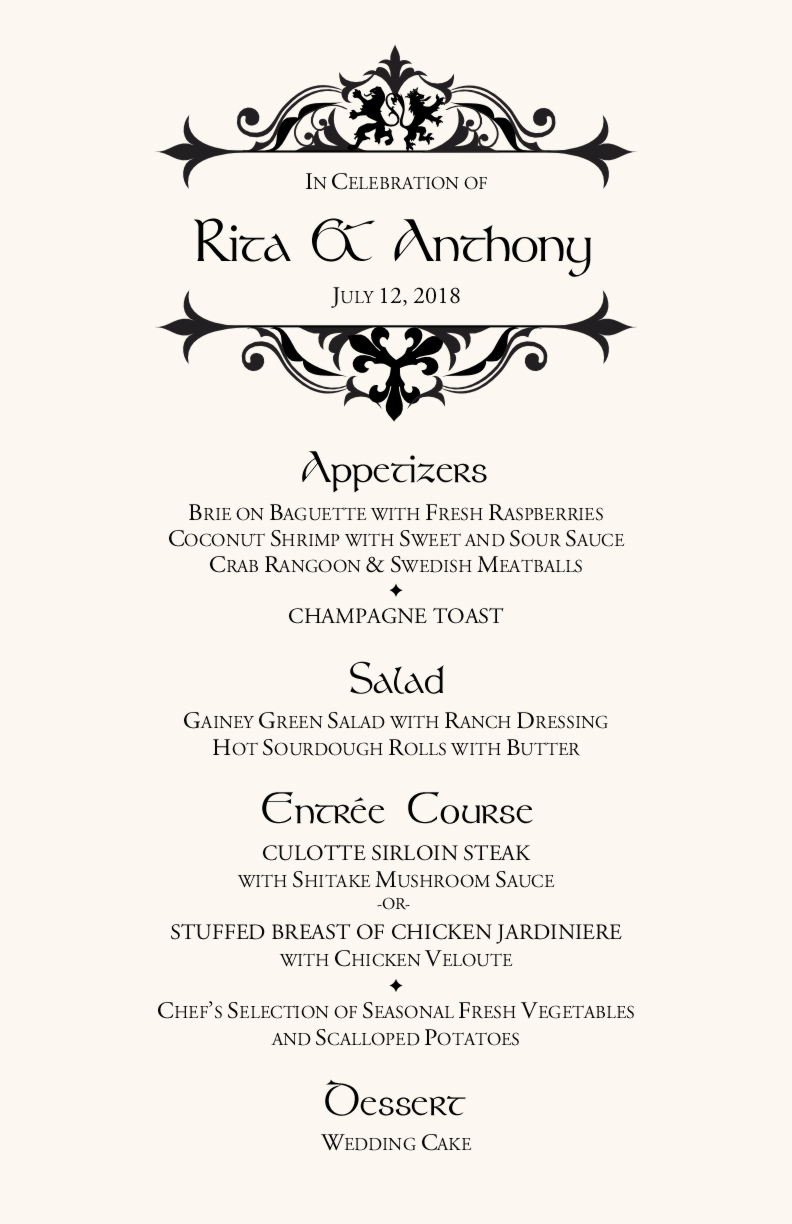 Royal Lion Contemporary and Classic Menus