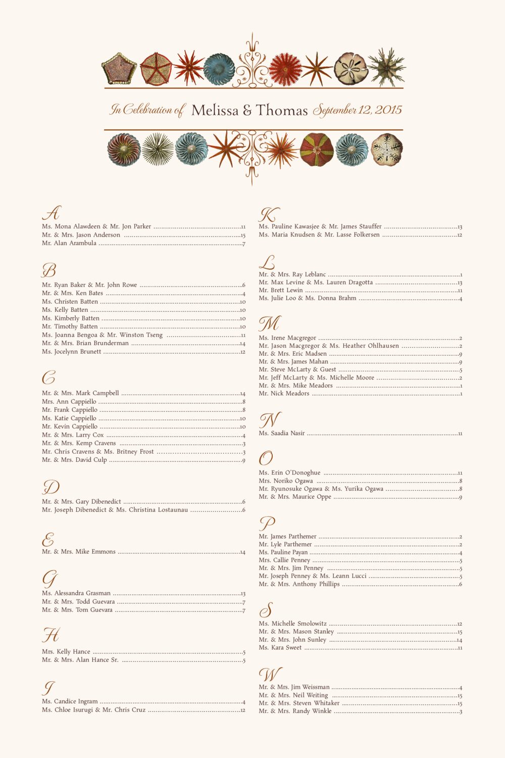 Sea Flowers Beach and Seashell Wedding Seating Charts