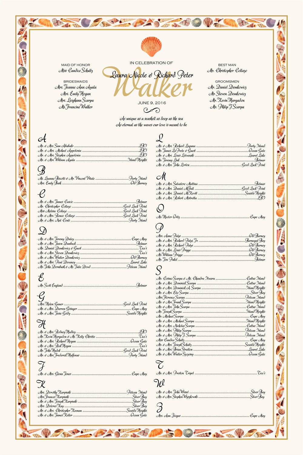 Seashell Border Beach and Seashell Wedding Seating Charts