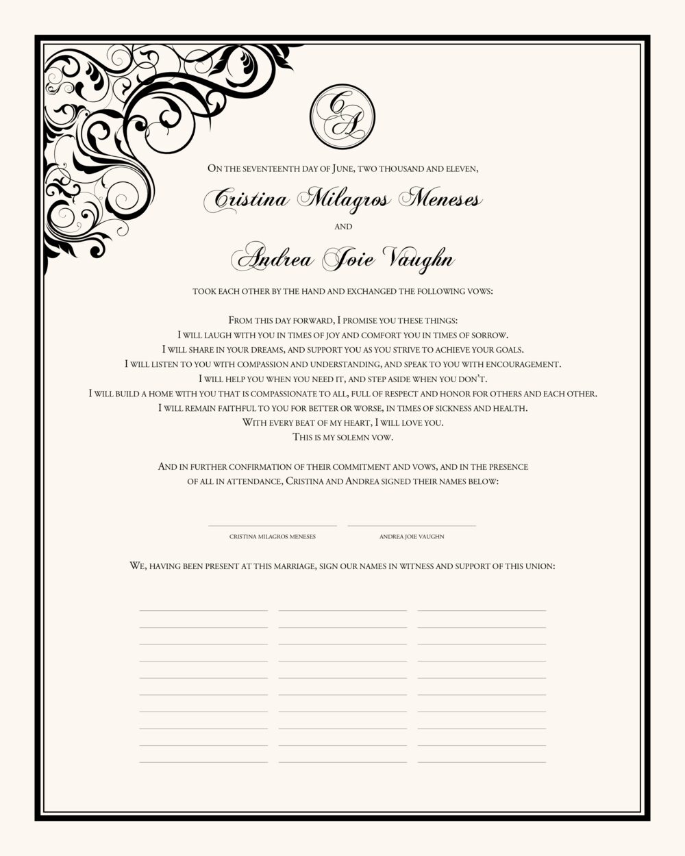 Quaker Style Wedding Certificates and Commitment Ceremony Certificates