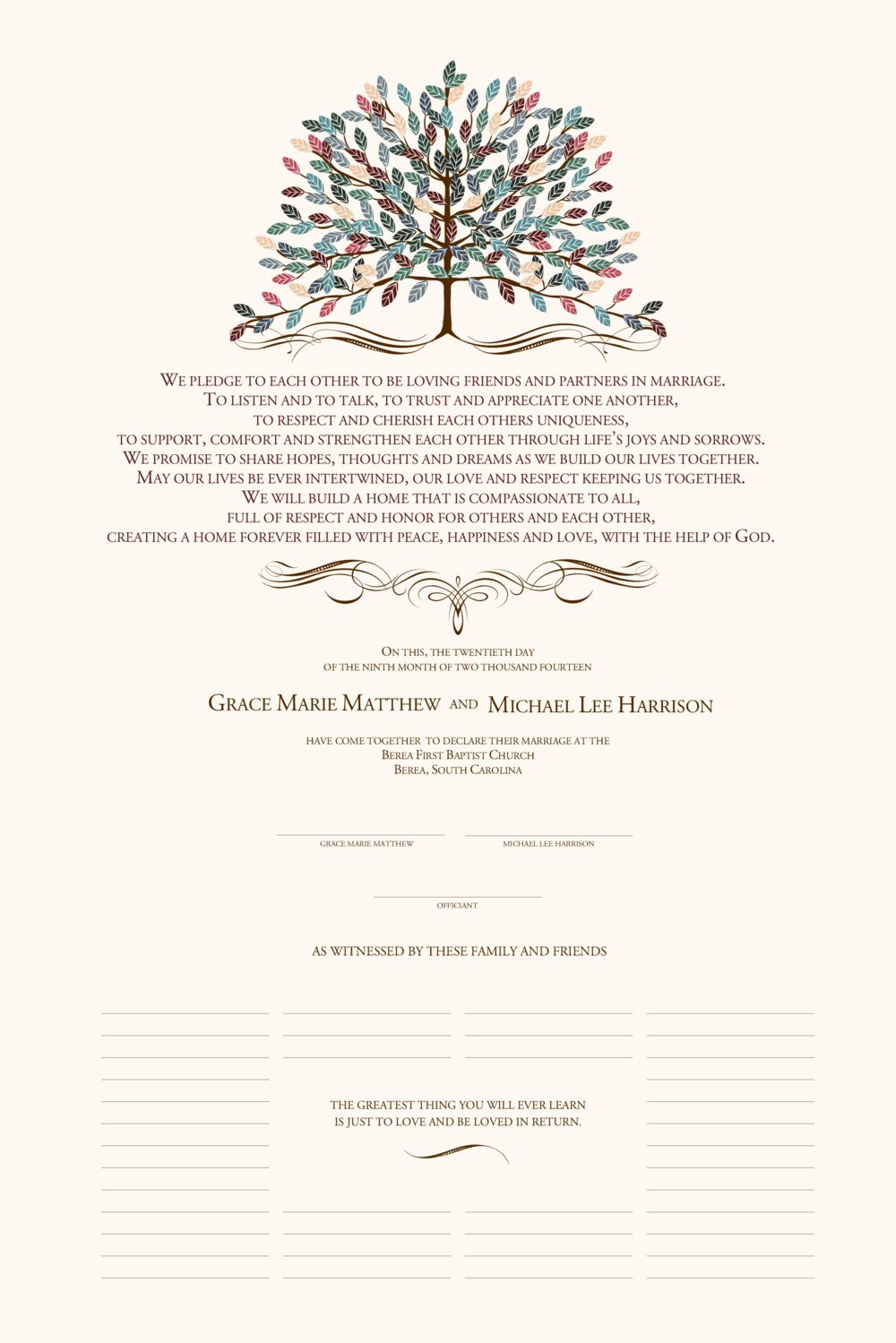 Arbor Day Leaves, Flowers, Vineyard & Grapes Wedding Certificates