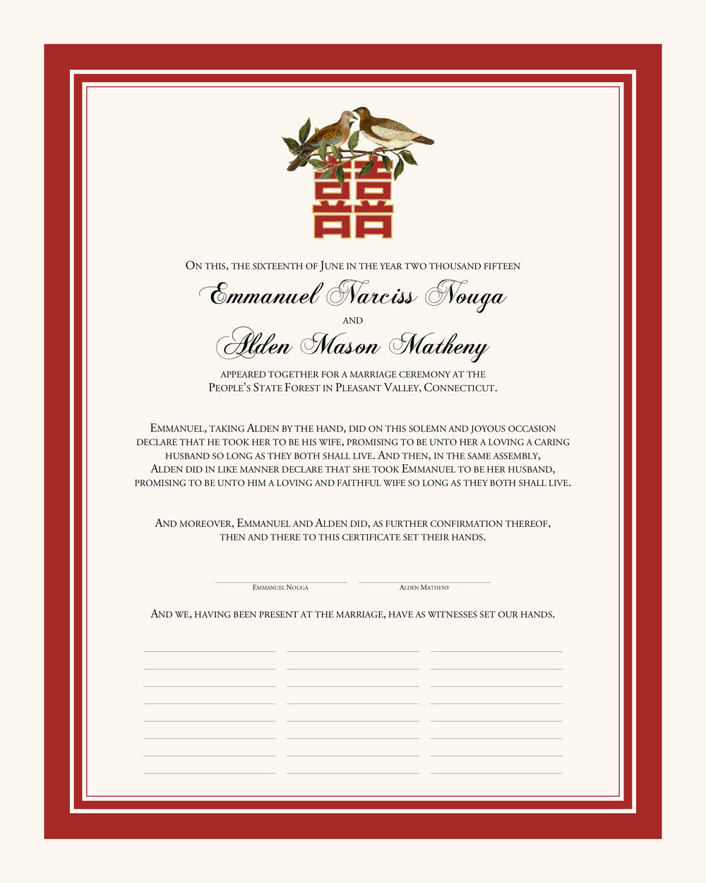 Two Birds Double Happiness Chinese, Japanese, and Eastern Inspired Wedding Certificates