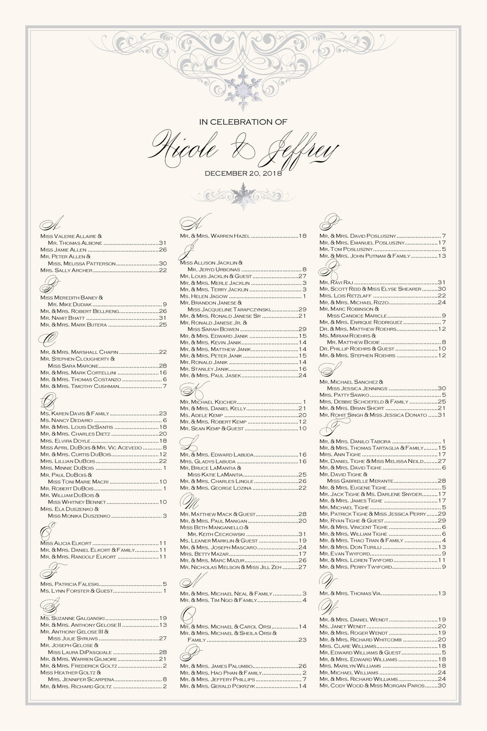 Vintage Snowflake Twist Winter and Holiday Seating Charts