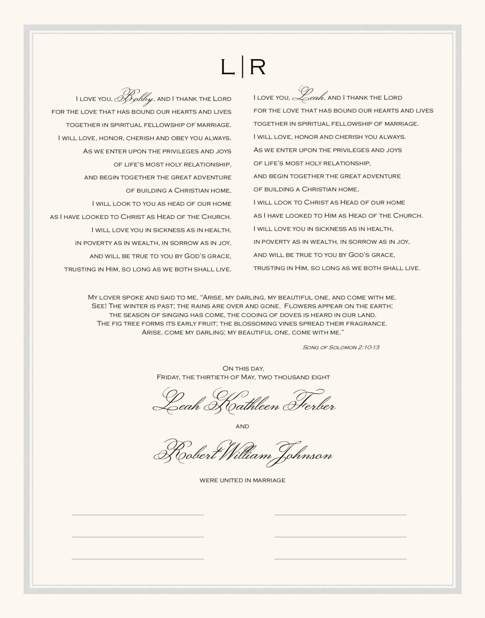 Classic Copperplate Contemporary and Classic Wedding Certificates