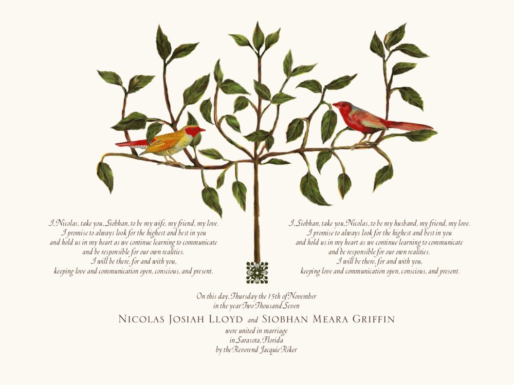 Two Red Birds on a Tree Birds and Butterflies Wedding Certificates
