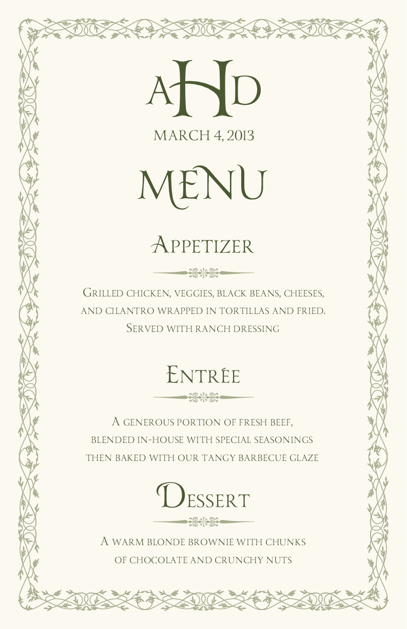 Yana Monogram Contemporary and Classic Menus