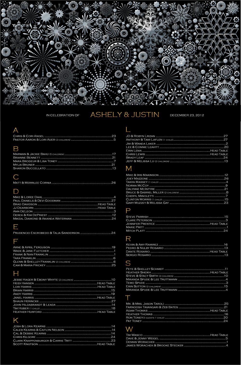 Snow Crystal Winter and Holiday Seating Charts