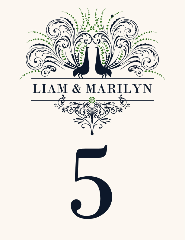 Pompous Peacock Birds and Butterflies Table Numbers