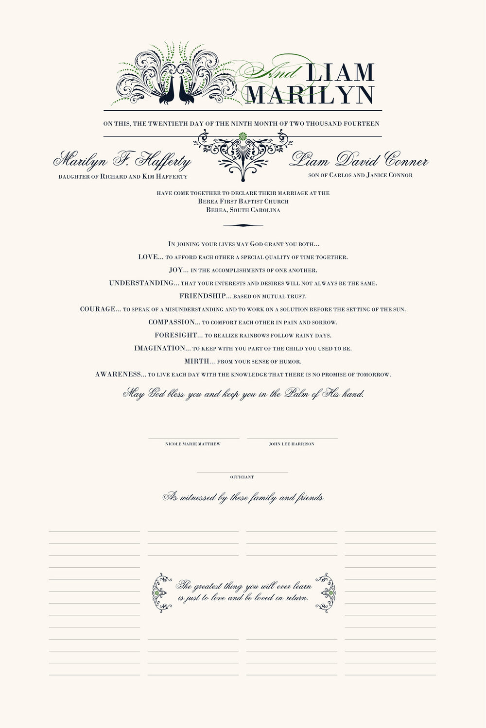 Passionate Peacock 01 Birds and Butterflies Wedding Certificates