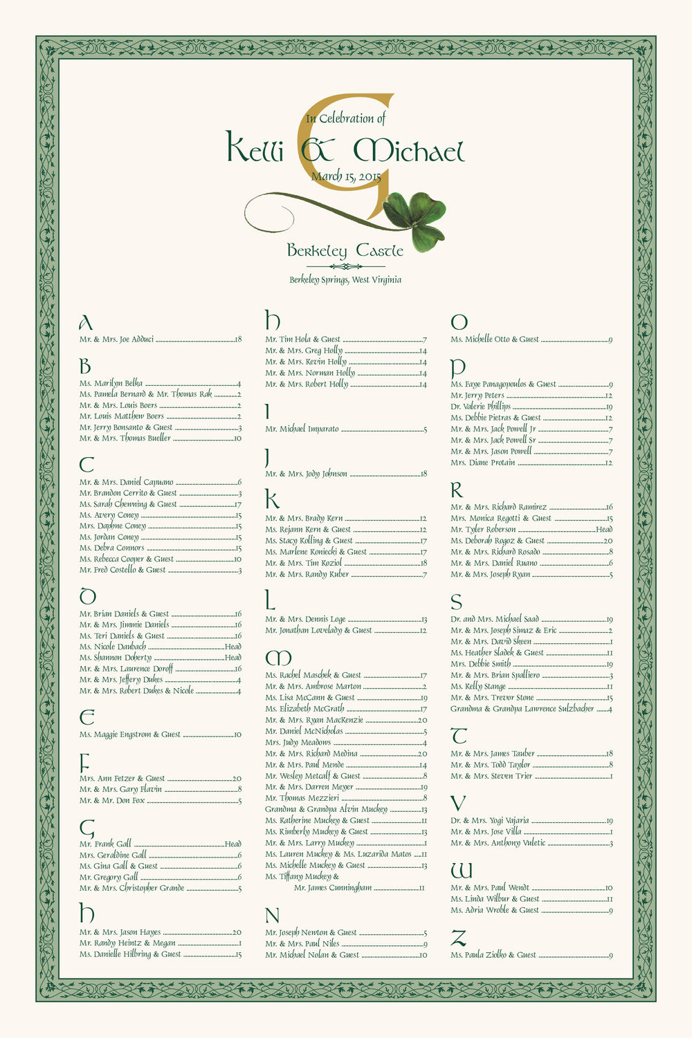 Wispy Shamrock Celtic Wedding Seating Charts