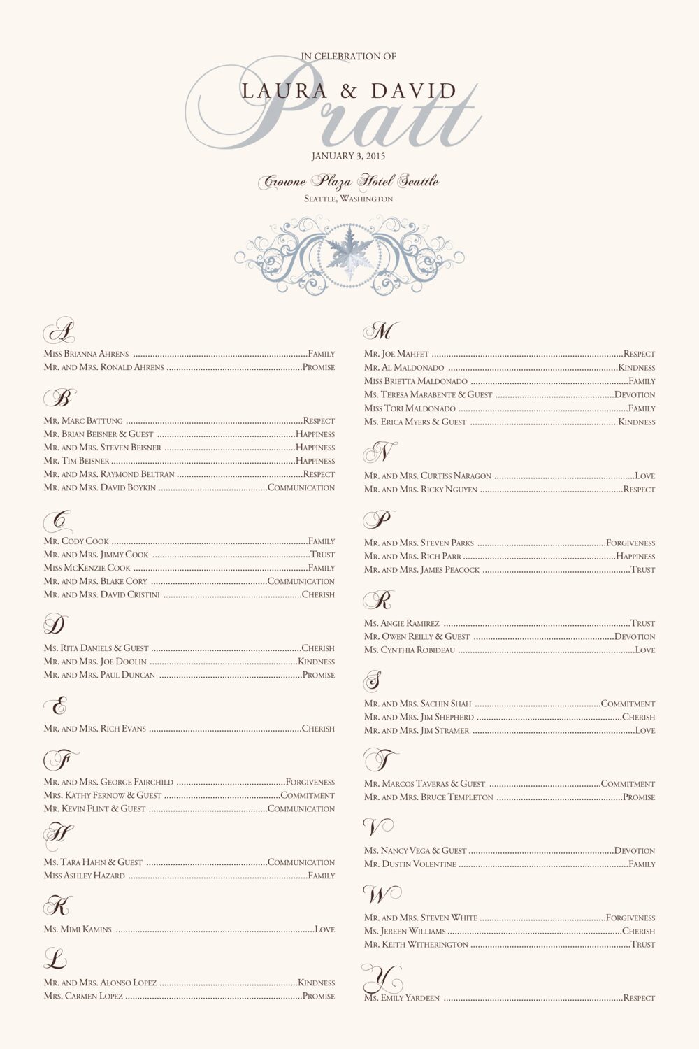 Curly Sue Snowflake Winter and Holiday Seating Charts