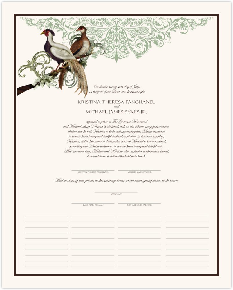 Asian Peace Birds  Wedding Certificates