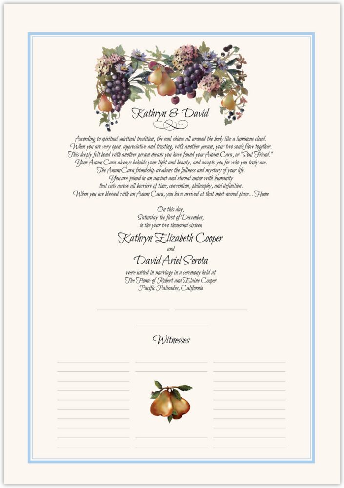 Blue Grapes and Pears  Wedding Certificates