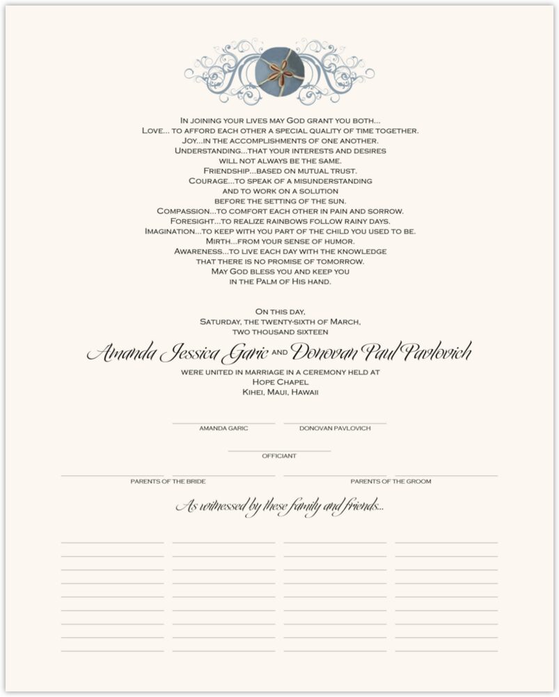 Blue Sand Dollar  Wedding Certificates