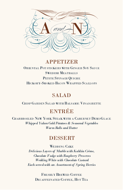 Bodini Birds  Wedding Menus