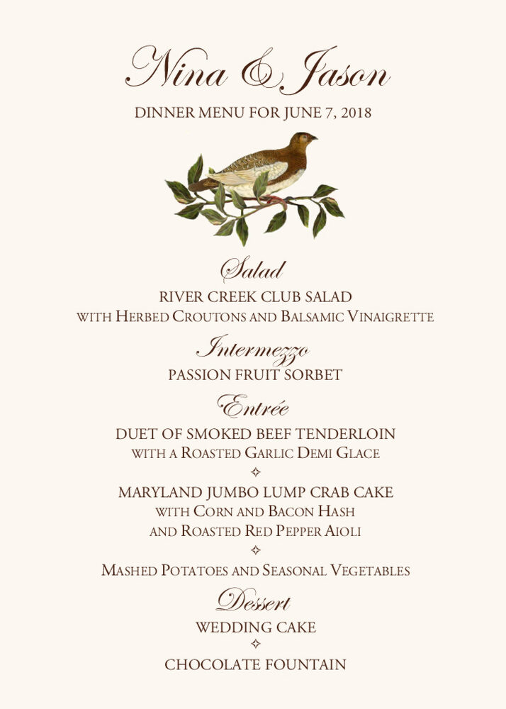 Brown Birds  Wedding Menus