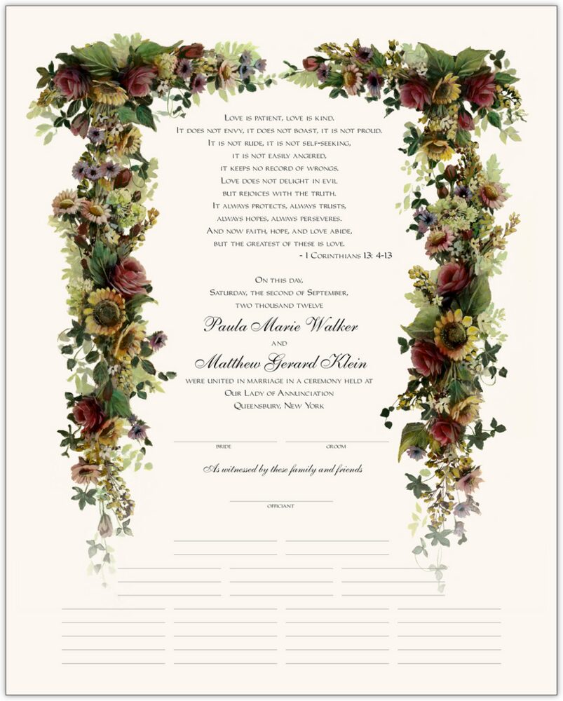 Burgundy Roses and Sunflowers  Wedding Certificates