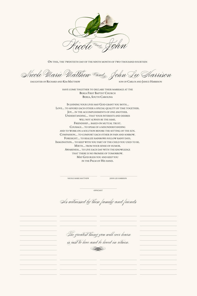 Calla Lily Swirl 01  Wedding Certificates
