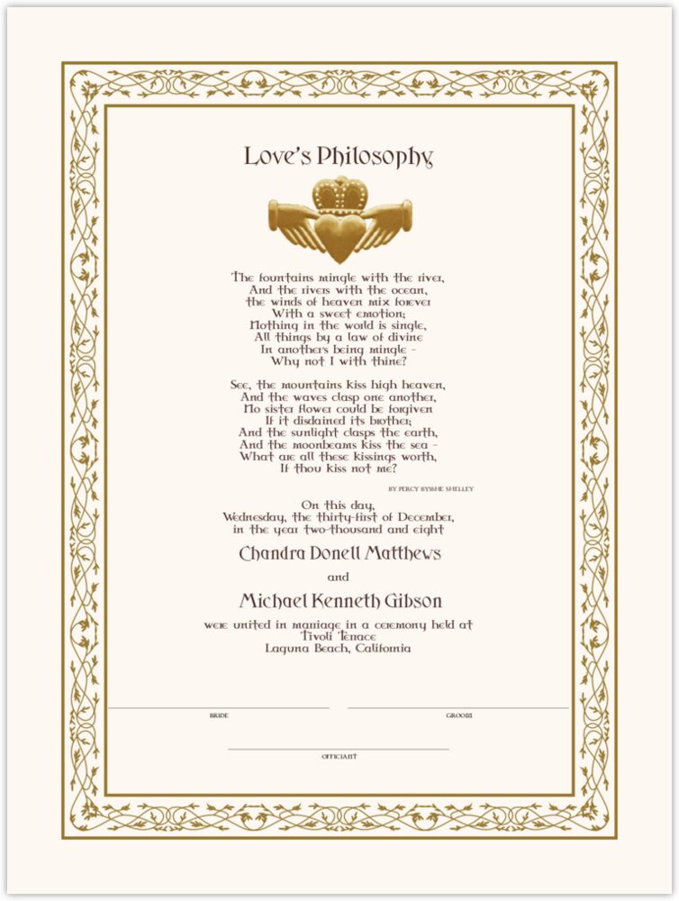 Love's Philosophy  Wedding Certificates