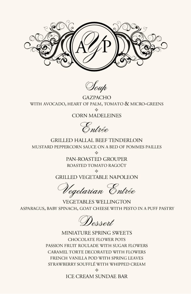 Curly Sue  Wedding Menus