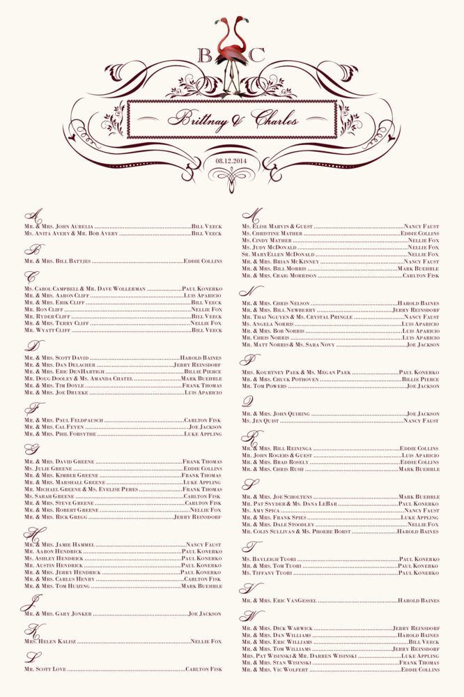 Fiery Flamingos  Seating Charts
