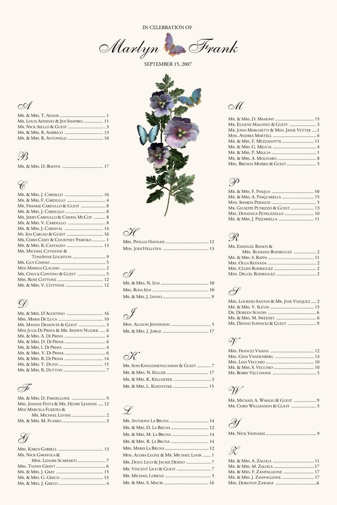 Pansies and Butterflies  Seating Charts