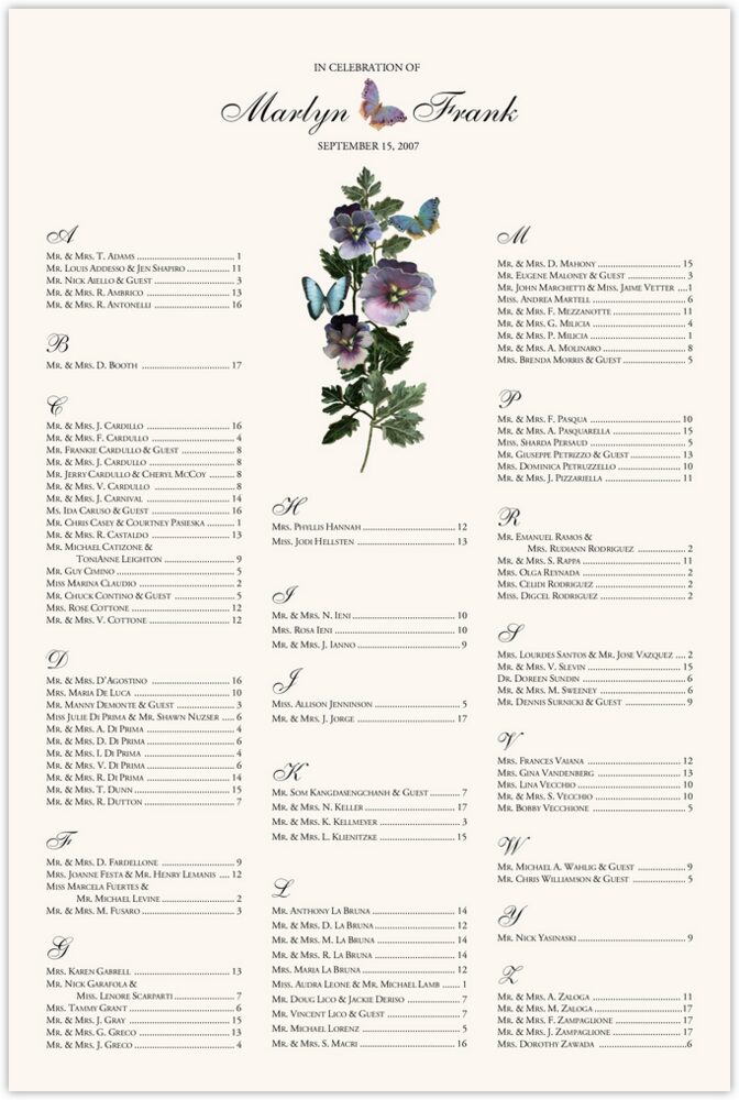 Pansies and Butterflies  Seating Charts